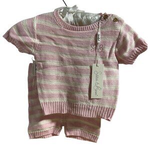 Stitch & Bean Pink & White Striped Baby Summer Sweater Shorts Set Cotton 3-6 Mo